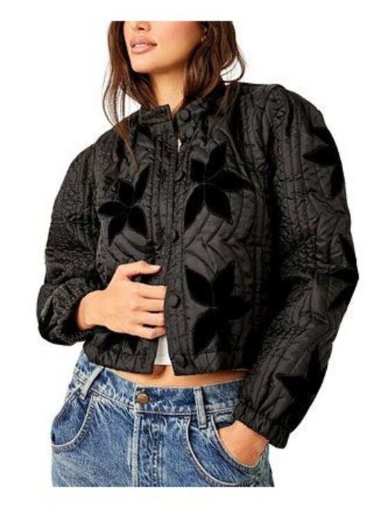 Free People Jackets & Blazers - Free People Quinn Black Quilted Velvet Jacket Boho Floral Puff Sleeve Cropped S